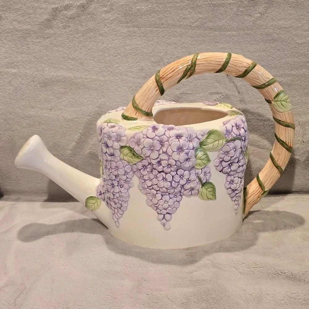 Vintage Wisteria Floral Ceramic Watering Can Purple Flower Relief Branch Handle